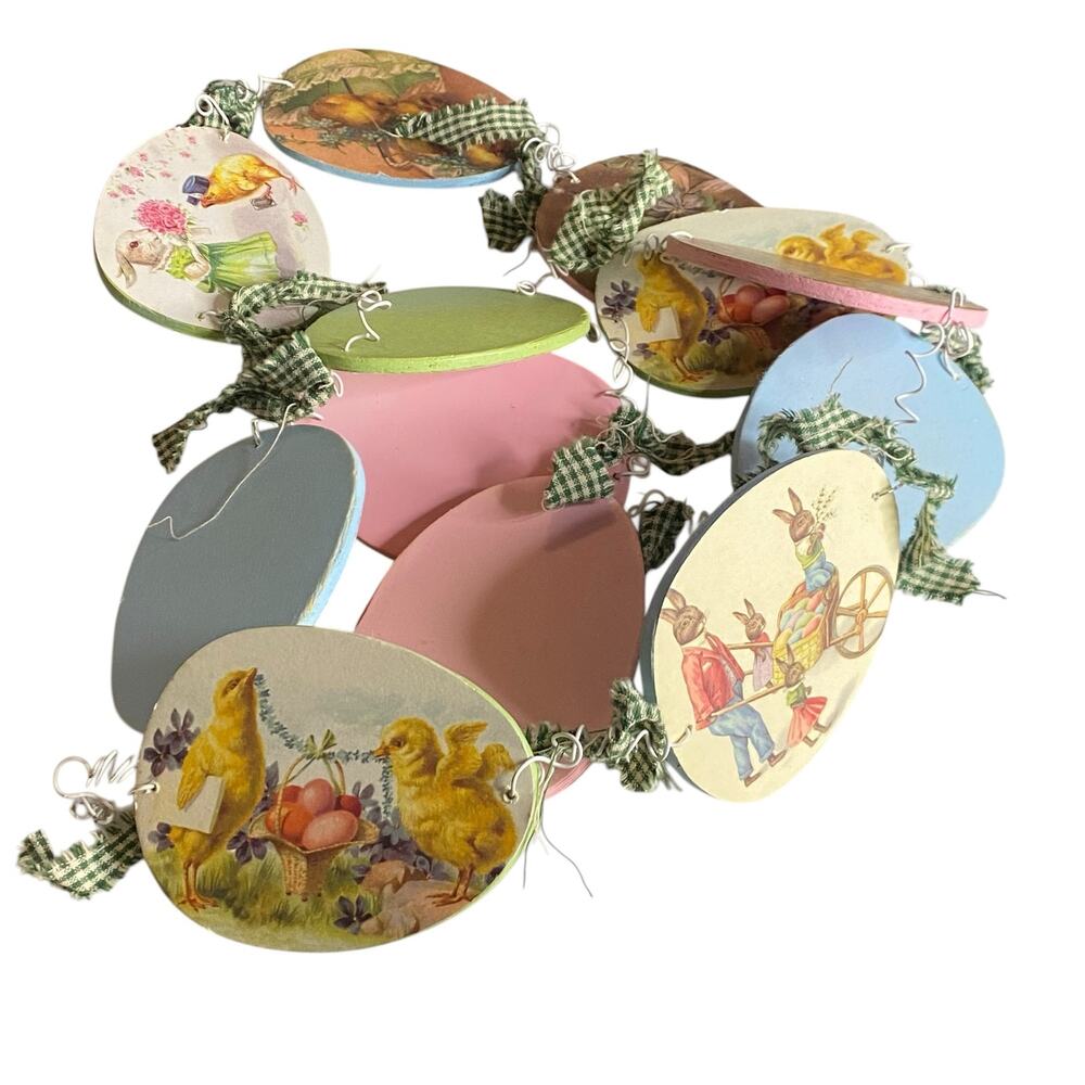60" Vintage Styled Easter Wooden Sliced Egg Garland with Chicks and Bunnies